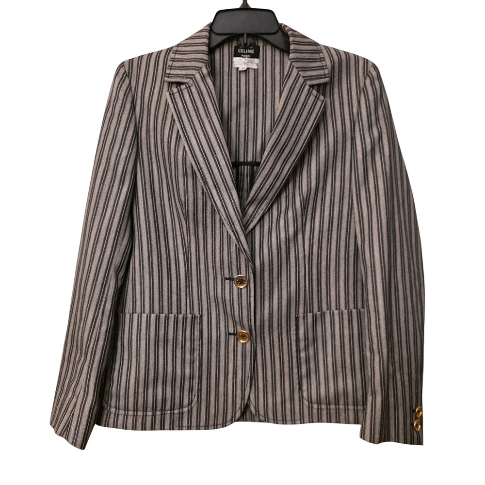 Celine Paris Vintage Striped Wool Silk Blazer Gold Button Jacket Italy Womens 40